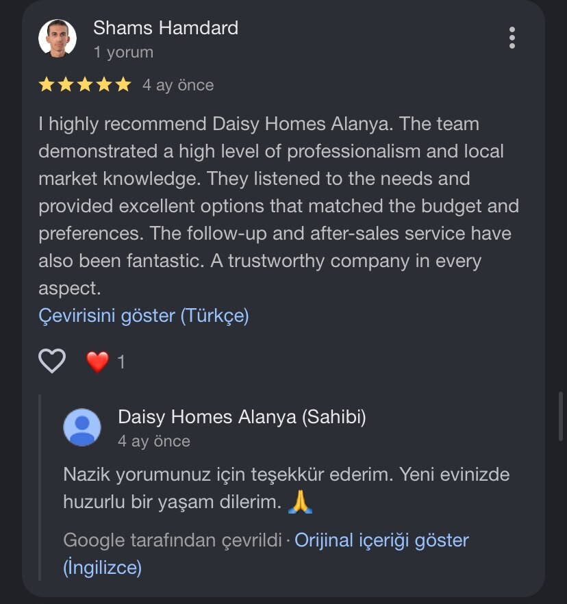Daisy Homes Alanya Google Review 13