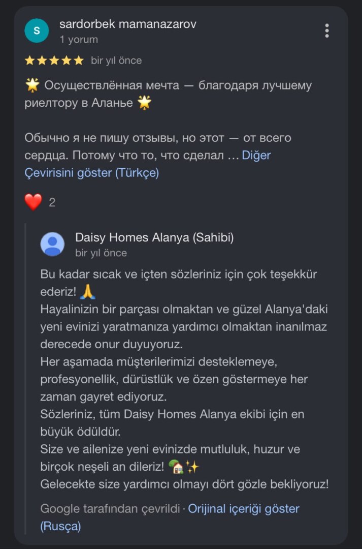 Daisy Homes Alanya Google Review 14