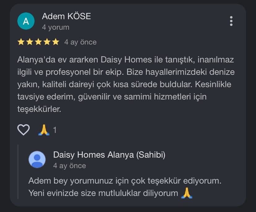 Daisy Homes Alanya Google Review 8