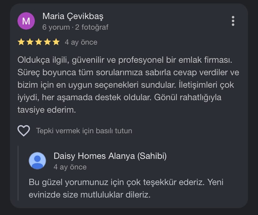 Daisy Homes Alanya Google Review 9